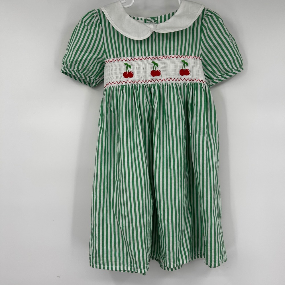 Marie Nicole Clothing Kids‎ Girls Green Striped Smocked Cherry Dress XL